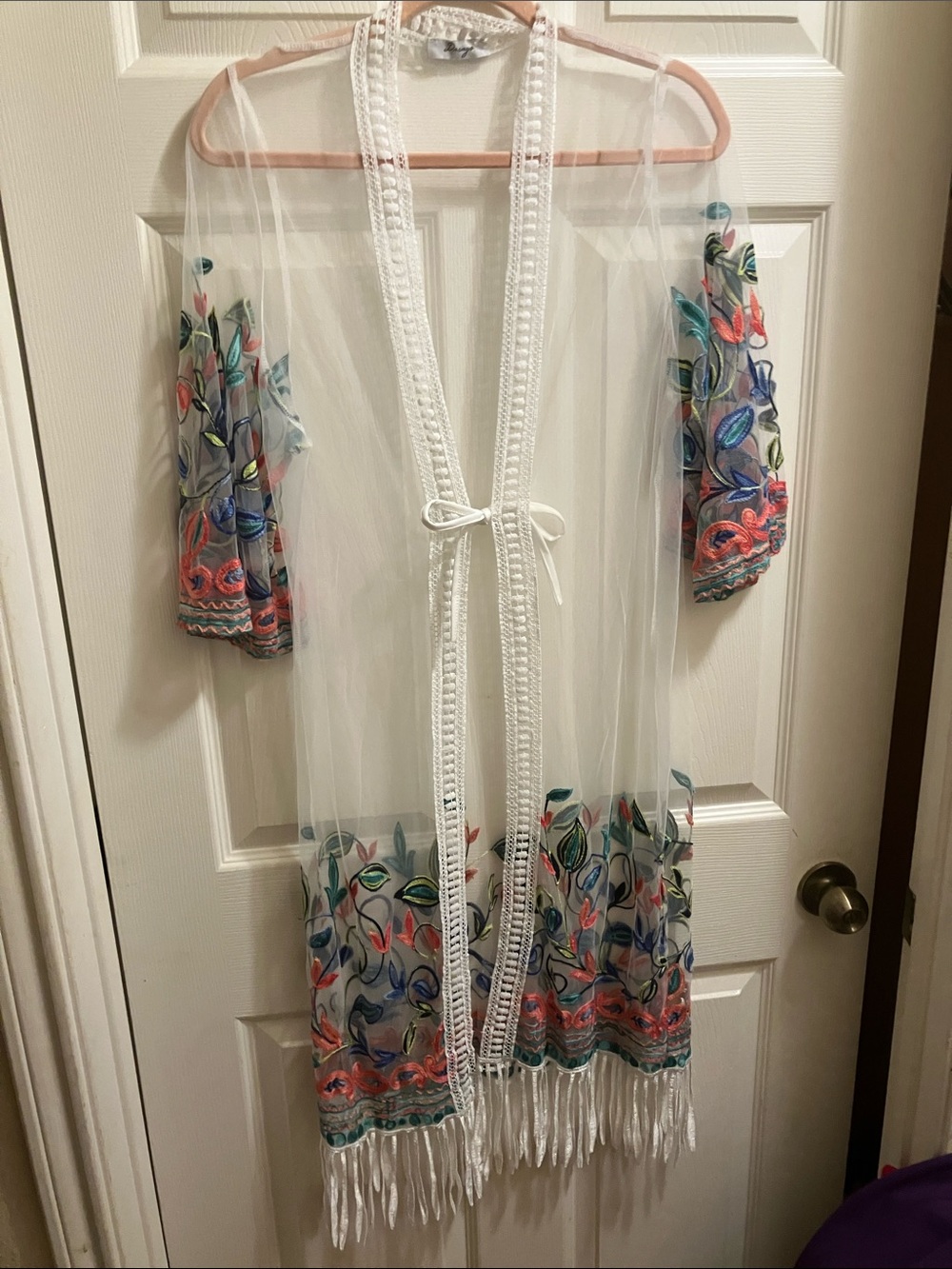 Sheer Embroidered Midi length Cover-Up in White with Multicolor Floral Accents